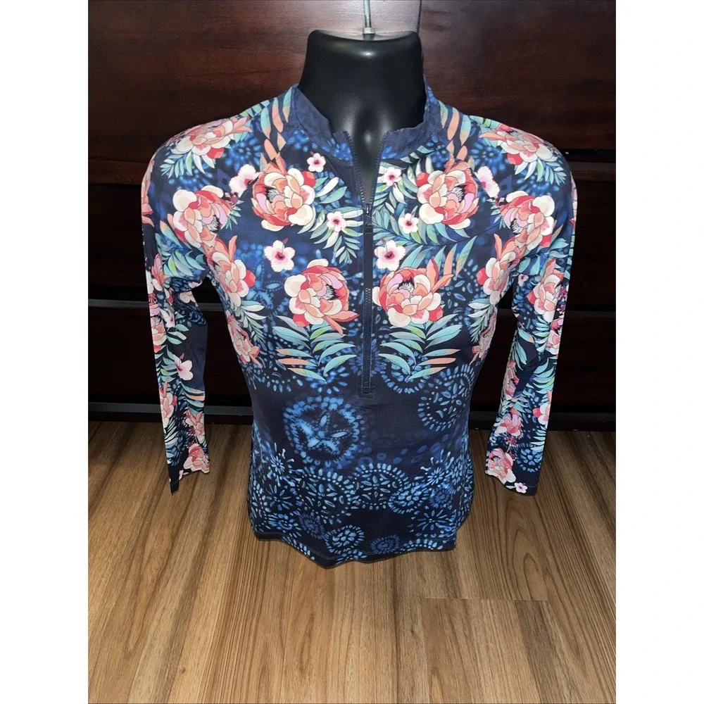 Johnny Was California Womens Large Rash Guard Print 1/2 Zip Up Swim Top Surf Sun